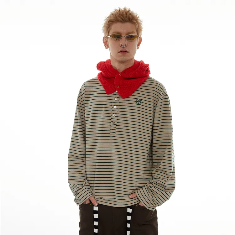 PASALIENS&PASET条纹排扣老钱风T恤男针织宽松长袖排扣打底上衣