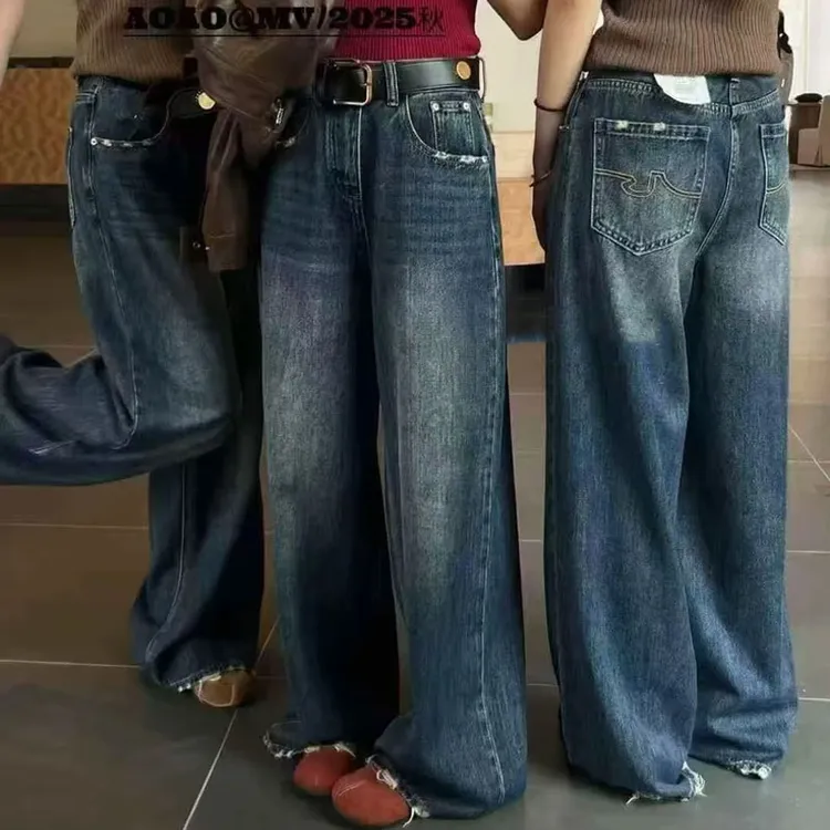 2025年早秋显瘦百搭高腰阔腿宽松直筒拖地牛仔长裤