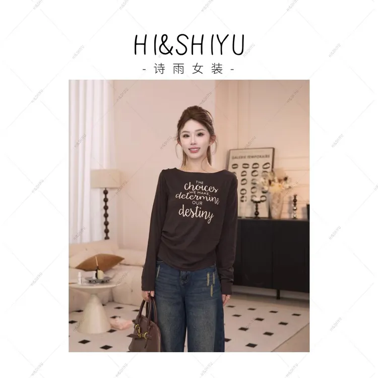 HISHIYU【跳跃字母】字母印花一字肩长袖洋气褶皱收腰显瘦上衣