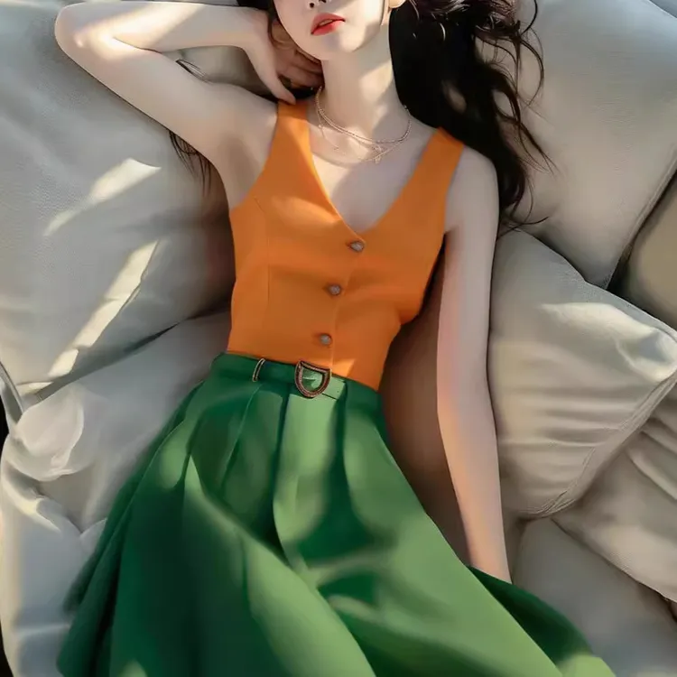 橘色背心上衣酸醋缎面绿色半身裙套装夏日新款多巴胺一整套甜辣风