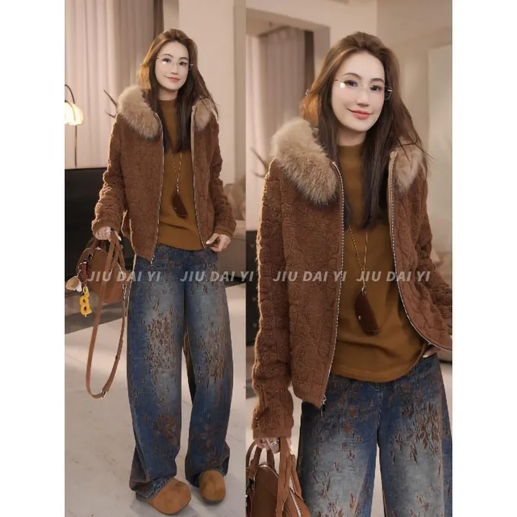 玖黛衣【雪国精灵】冬季~加厚可拆卸大毛领~宽松开衫针织XSP46193