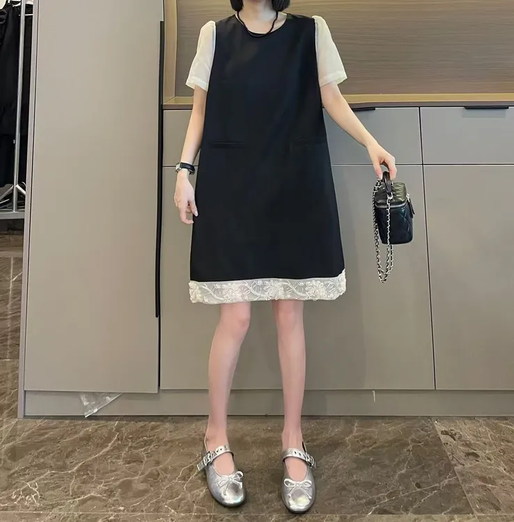 米可/MK-2450ZJ【复古钉珠网纱拼接连衣裙】时尚夏季新款连衣裙