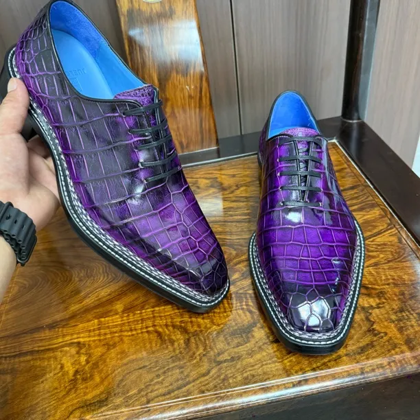 湾鳄手擦色天方夜谭紫纯手工系带防臭通用固特异牛津鞋方跟男士