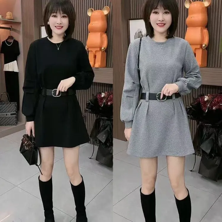 韩版简约设计感腰带卫衣裙2025秋季新款洋气遮肉气质卫衣连衣裙