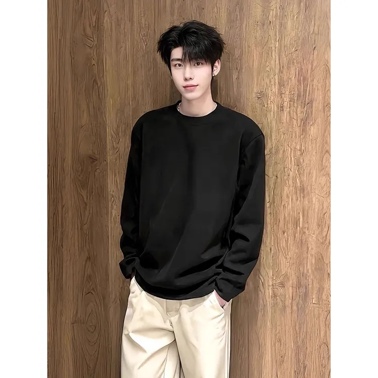 黑色美式重磅纯棉圆领长袖t恤男秋季痞帅高级感小领口情侣款卫衣