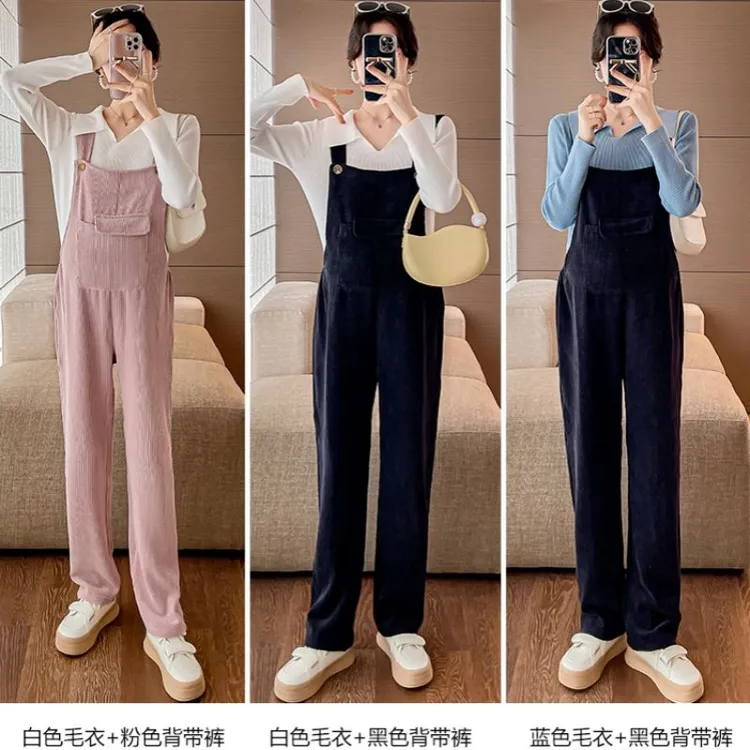 2025春季新款孕妈版型翻领针织打底衫+天鹅绒背带裤套629099