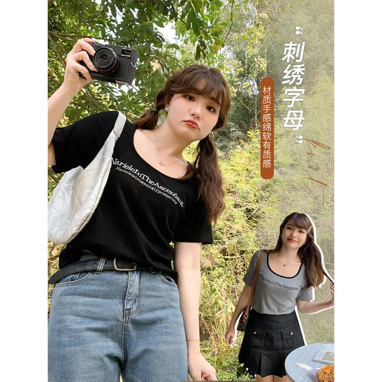 夏季新品胖mm大码女装方领刺绣辣妹修身不规则设计短款短袖62338