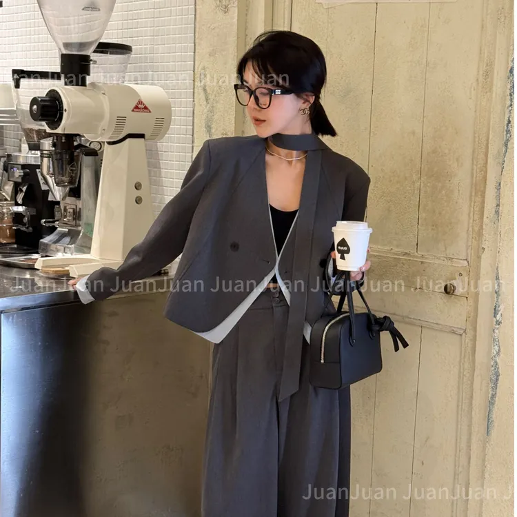 【悠悠日记】新款西装套装拼接衬衫带飘带设计西装外套＋西裤两件套