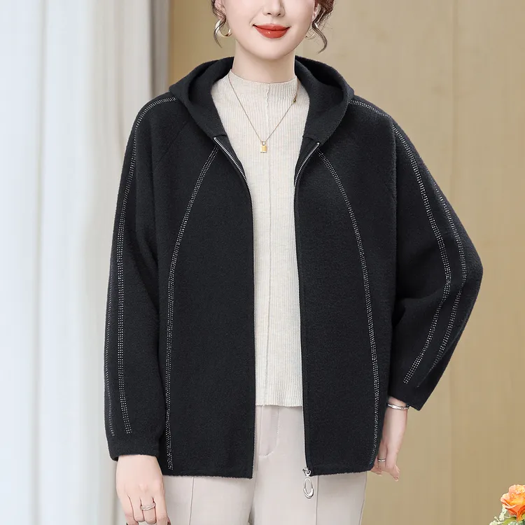 妈妈秋装加厚开衫时尚宽松大码上衣高级感连帽毛呢外套女2025新款