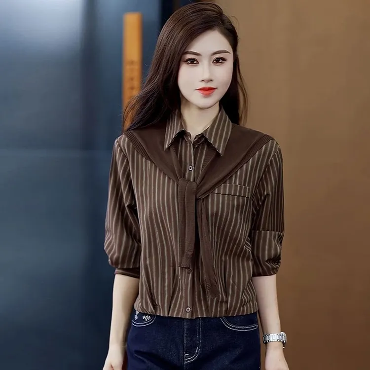2025秋季新款洋气减龄条纹衬衫女长袖洋气宽松休闲百搭裙子上衣潮