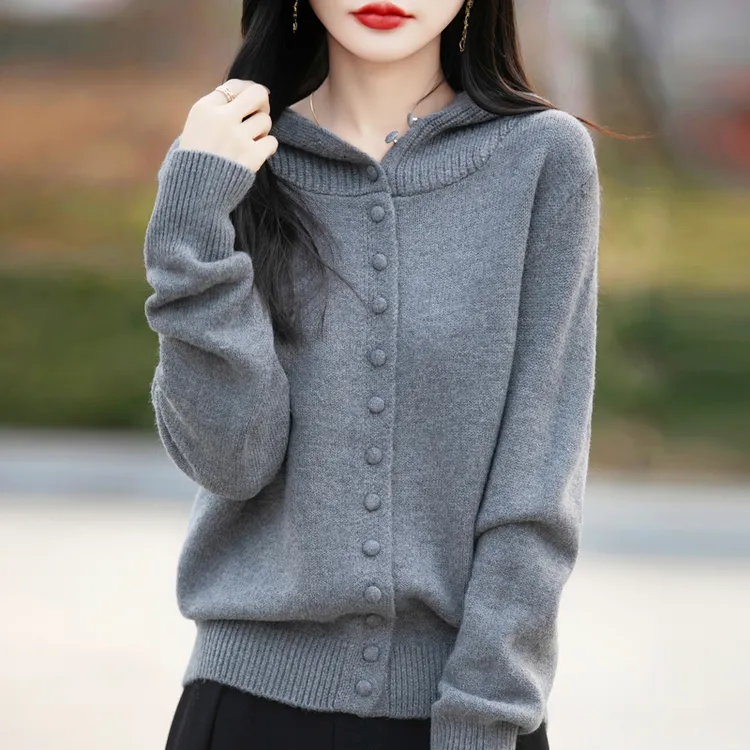 2025新款春秋款灰色休闲连帽针织开衫外套女外穿大码女装秋冬毛衣