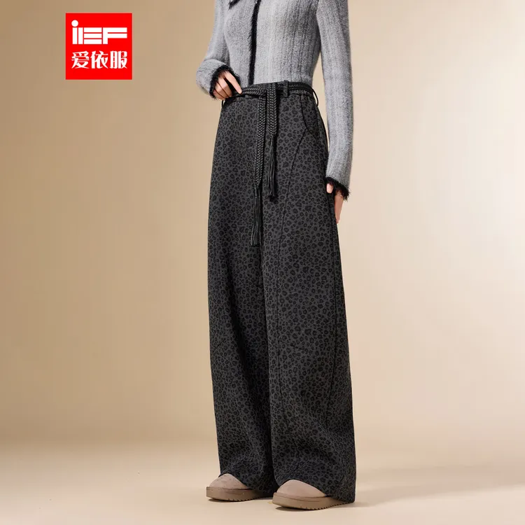 IEF/爱依服长裤2025冬季新款韩版复古休闲通勤豹纹加绒百搭阔腿裤