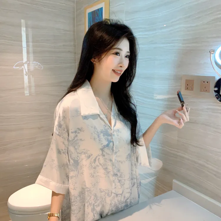 衬衫领冰雪丝蓝水墨薄款气质上衣短裤家居服宽松两件套