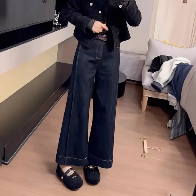 高腰显瘦遮肉复古阔腿裤女2025春季新款大码百搭弹力宽松牛仔裤子