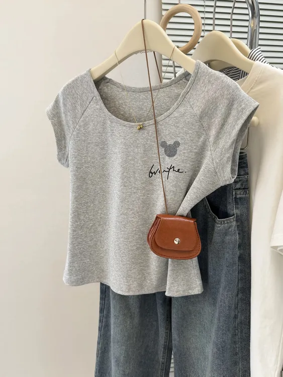 爆款百搭女款圆领t恤夏季显瘦高腰短款小个子韩系短袖上衣正肩棉