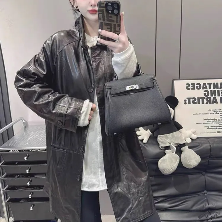 复古潮流真皮皮衣女2025秋新翻领中长款宽松显瘦洋气百搭风衣外套