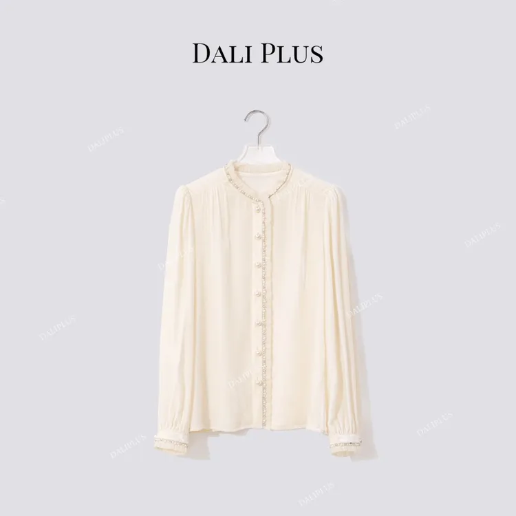 DALI PLUS“100白珍珠真丝丝绒衬衫”木耳边长袖衬衫-D5LT2293