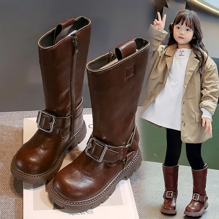 2025新款儿童高筒靴子欧美风骑士靴女童单靴英伦风皮靴秋冬长筒靴