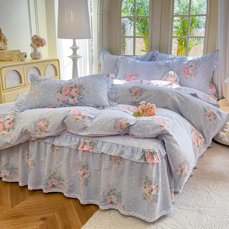 韩版100%纯棉全棉夹棉床裙四件套四季小碎花加厚防滑床罩被套床品