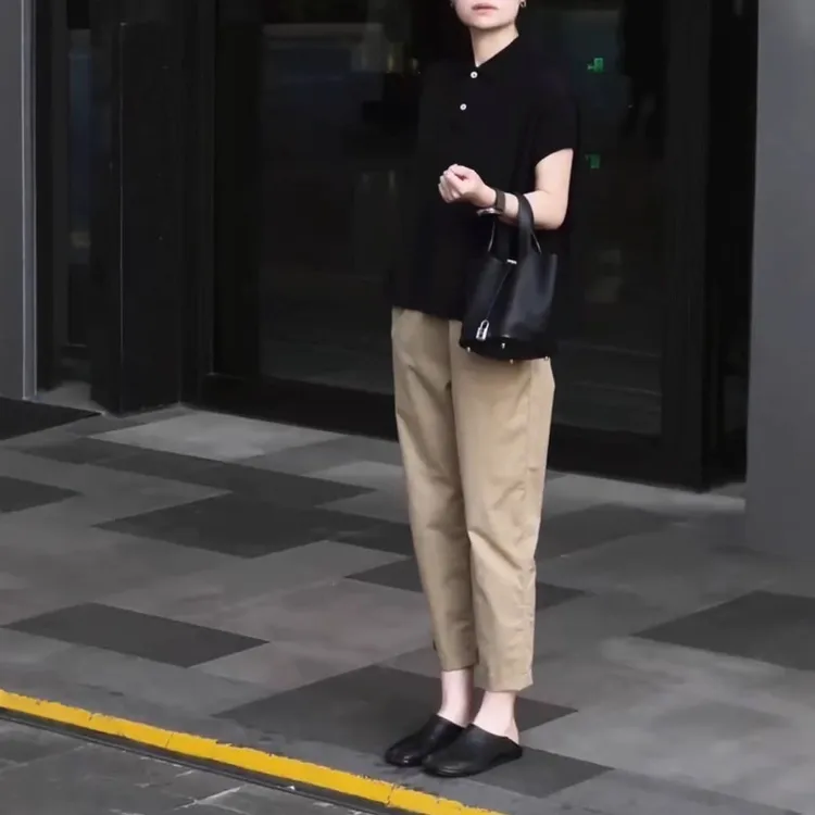 中年女装2025夏季新款简约宽松POLO领上衣薄款九分裤时尚两件套装