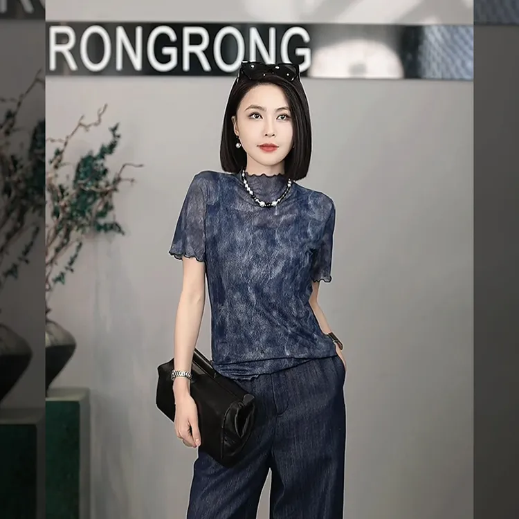 溶溶T【染墨蓝夏】RONGRONG 牛仔晕染花边下摆网纱短袖上衣H-B0021