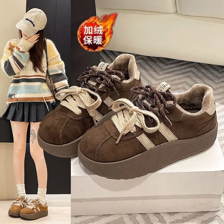 厚底加绒德训鞋女冬季新款复古系带松糕休闲百搭运动板鞋休闲鞋