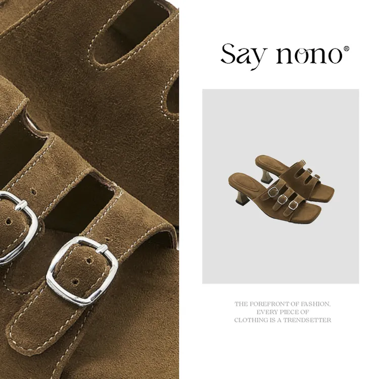 Say  nono  方头镂空休闲金属扣百搭棕色夏季时装凉鞋4.5cm
