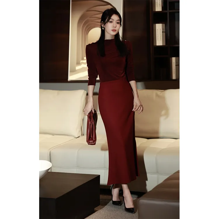 时尚法式女装丝滑针织弹力肩章上衣包臀半身裙优雅显瘦套装两件套