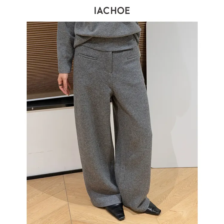 IACHOE前身口袋羊毛毛呢显瘦休闲裤3671518002