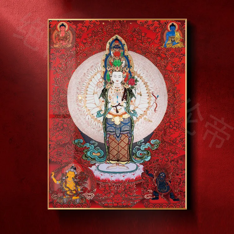 千手观音菩萨红色唐卡挂画家用佛像装饰画佛堂壁画属鼠生肖守护神