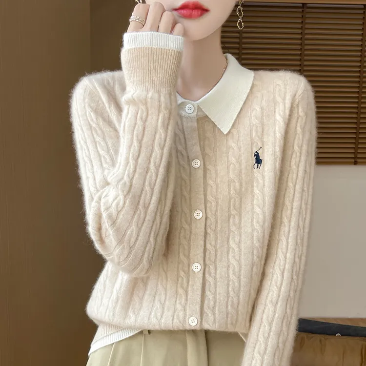polo领针织开衫女假两件羊毛衫2025春秋新款宽松大码翻领外套上衣