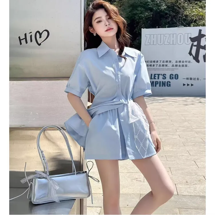 拉夏贝尔夏季新款时尚套装女韩系宽松蕾丝系带设计感衬衫阔腿短裤