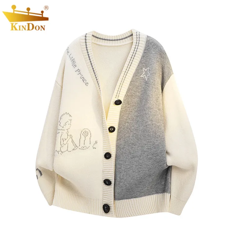 秋季新款慵懒风毛衣休闲百搭V领小香风情侣款印花时尚针织开衫