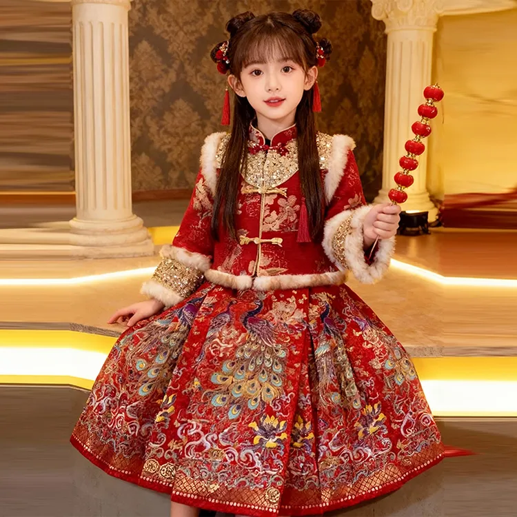 女童拜年服马面裙套装冬装2025国风新中式新年装外套汉服两件套裙