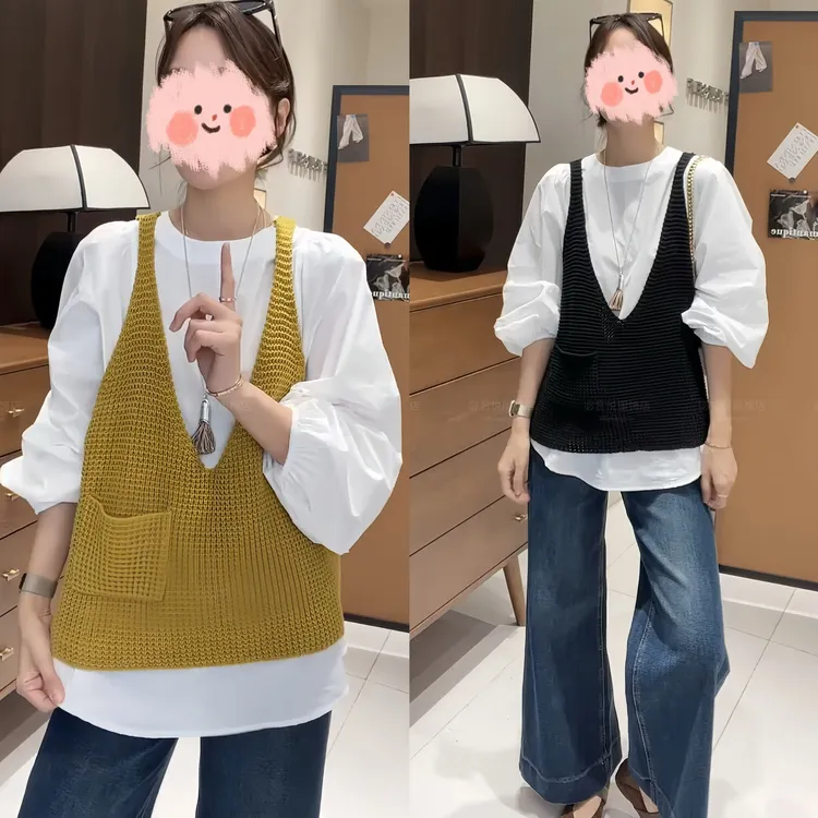 2025早秋新款韩系轻奢松弛舒适衬衣针织马甲高腰设计感牛仔裤套装