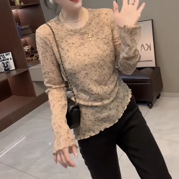 新款洋气品质圆领水墨画弹力小衫上衣