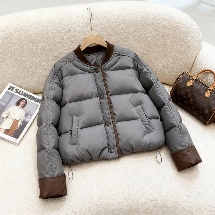 冬季2025新款时尚灰色圆领短款棉服外套女小个子简约百搭加厚棉衣