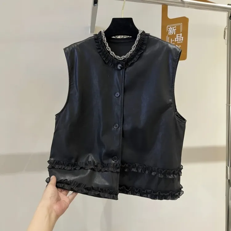 高端欧货2025秋新款圆领木耳边复古水洗pu皮衣女无袖马甲上衣