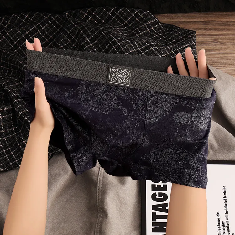 新款男士无痕平角中腰性感男平角内裤印花格纹平角裤运动透气内裤