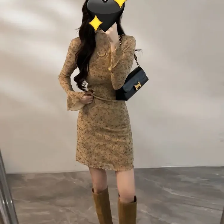 小锦倪子专属 早秋新款长袖扎染连衣裙极简风修身复古包臀短裙
