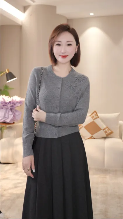【双姐】针织常規针织衫长袖圆领显瘦立体刺绣气质秋冬刺绣JH11402