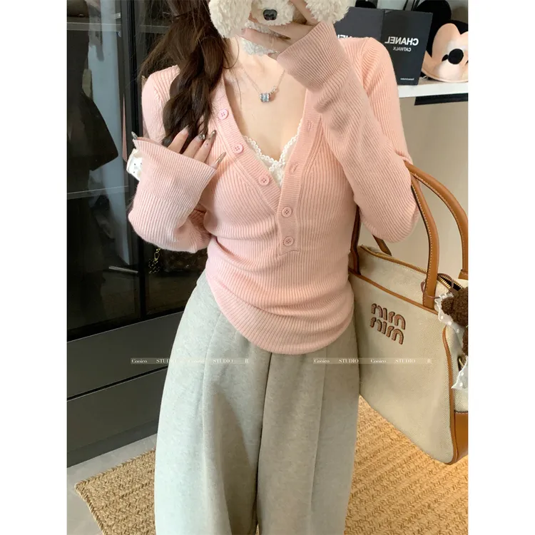 纯欲风V领修身半开领纽扣针织衫女秋冬别致性感内搭打底毛衣上衣