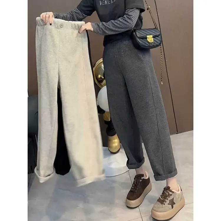 2025年秋冬新款松紧纽扣腰毛呢哈伦裤女宽松显瘦百搭休闲九分裤子