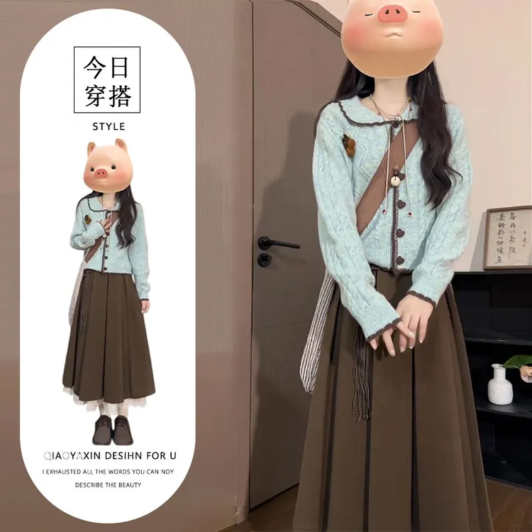 韩系甜妹穿搭一整套秋冬季新款翻领针织上衣高腰a字半身裙两件套