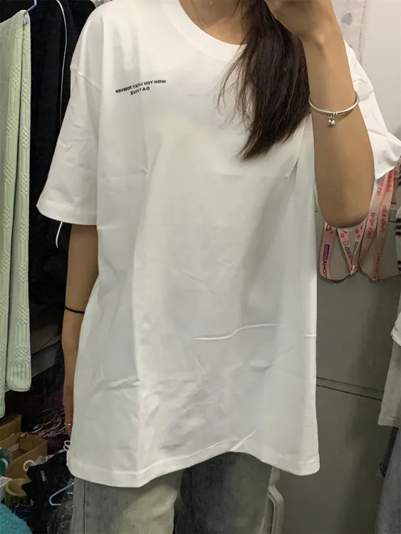 白色纯棉短袖t恤女夏季新款宽松显瘦百搭中长款小众休闲潮流上衣