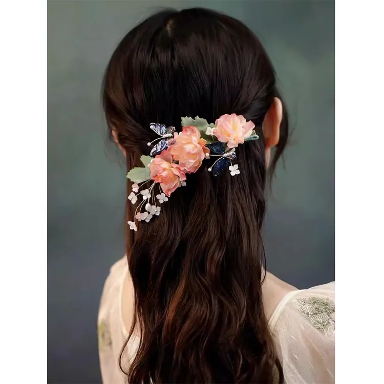 汉服后压边夹头饰古风仙气发饰花朵蝴蝶软簪丸子头女手工发夹唐风