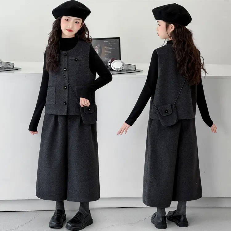 女童毛呢马甲三件套秋冬季新款洋气儿童加厚阔腿裤中大童时髦套装