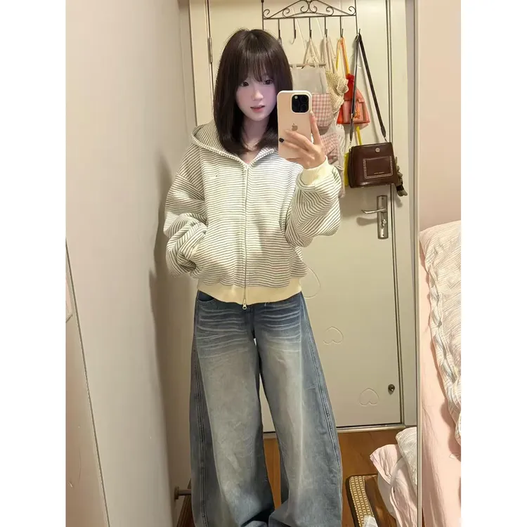 甜酷原宿风氛围感条纹拉链秋冬外套设计感连帽加绒加厚卫衣女百搭