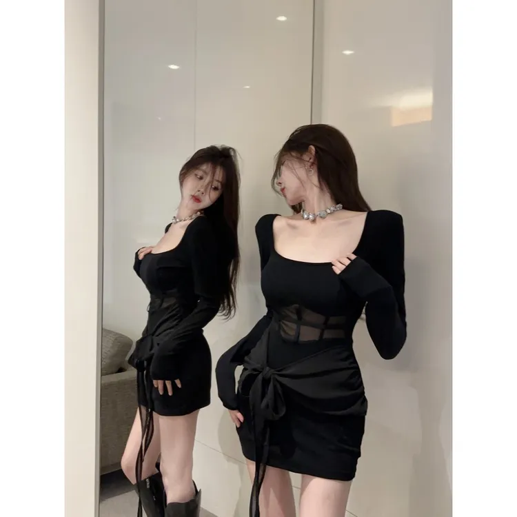 【黑魅缚情】秋冬辣妹方领修身透视网纱露腰遮肚腩性感百搭连衣裙女