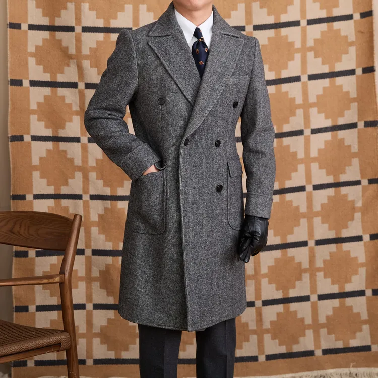 西格Xg 【马球总裁大衣】重磅羊毛人字纹双排扣中长款大衣1014